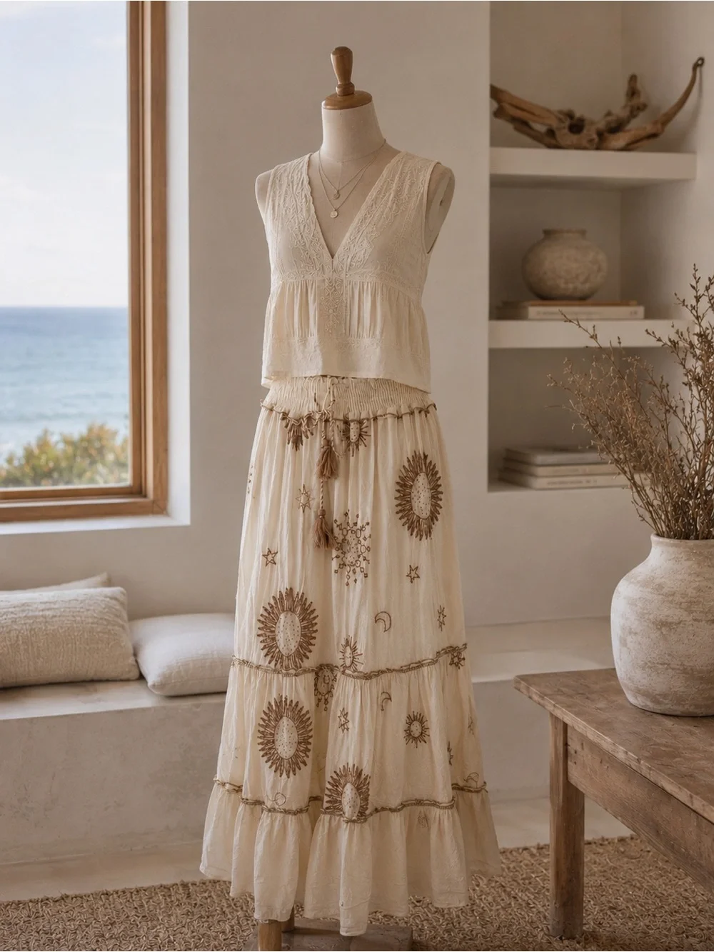 Zara Cream Boho Celestial Maxi Skirt - Picture 3 of 16